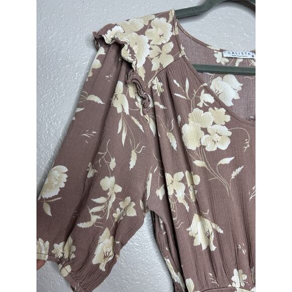 Calista Mauve Cream Floral Midi Dress Pockets Ruffle Detail FeminineSize Medium - Picture 6 of 8